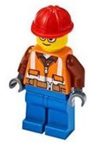 Construction Worker - Orange Zipper, Safety Stripes and Belt over Brown Shirt, Blue Legs, Red Construction Helmet, Glasses cty1162