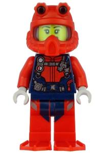 Scuba Diver Minifigure - Female scuba diver with an open mouth wearing a red helmet, white airtanks, and red flippers - cty1165