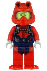 Scuba Diver Minifigure - Male scuba diver with a smirk wearing a red helmet, white airtanks, and red flippers - cty1166