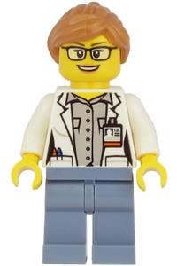 Ocean Researcher Minifigure - Female ocean researcher with medium nougat hair, wearing a white jacket, sand blue legs, and glasses - cty1167