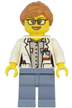 Female ocean researcher with medium nougat hair, wearing a white jacket, sand blue legs, and glasses - cty1167