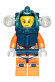 Female deep sea diver with a dark blue helmet featuring side lamps and a smirk with the left eye squinted - cty1169