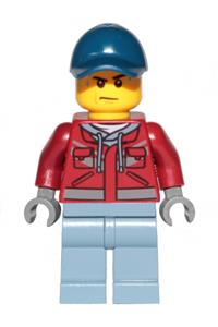 Explorer Minifigure - Male explorer wearing a dark red hooded sweatshirt and a dark blue cap, with a frown and sweat drops - cty1172