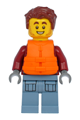 Harl Hubbs is wearing a dark red hooded sweatshirt with sand blue legs featuring pockets and a life jacket - cty1174