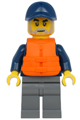 A boat captain for the deep sea explorers wearing a dark blue turtleneck sweater, cap, dark bluish gray legs, and a life jacket - cty1177