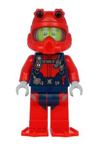 Scuba Diver Minifigure - Male scuba diver with an open mouth, dark tan beard, red helmet, white airtanks, and red flippers - cty1180