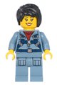 Female mini-submarine pilot with black hair, wearing a harness and sand blue legs with pockets - cty1181