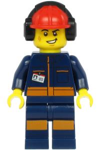 Airport Flagman Minifigure - Male airport flagman with a red helmet with earmuffs, wearing a dark blue jumpsuit with orange stripes - cty1183