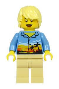 Plane Passenger Minifigure - Male plane passenger with bright light yellow hair wearing a medium blue Hawaiian shirt and tan legs - cty1184