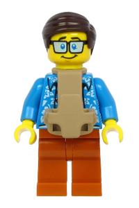 Plane Passenger Minifigure - Male plane passenger with dark brown hair wearing a dark azure Hawaiian shirt, dark orange legs, and carrying a baby carrier - cty1185