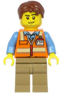 Air Traffic Controller Minifigure - Male air traffic controller with reddish brown hair wearing an orange safety vest and dark tan legs - cty1187