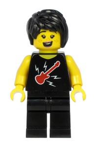 Plane Passenger Minifigure - Female plane passenger with black hair, wearing a black sleeveless top with a red guitar and black legs - cty1188