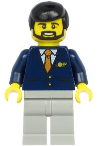 Steward Minifigure - Male steward with black hair, wearing a dark blue suit with a striped tie and light bluish gray legs - cty1190