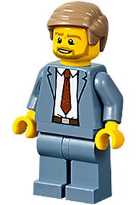 Plane Passenger Minifigure - Male plane passenger with sand blue suit, dark red tie, dark tan hair combed sideways, and a beard - cty1192
