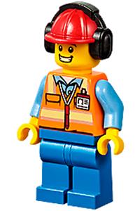 Ground Crew - Male, Orange Safety Vest with Reflective Stripes, Blue Legs, Red Construction Helmet with Headset cty1193