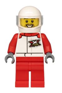 Helicopter Pilot Minifigure - Helicopter pilot in white jacket with 'XTREME' logo, wearing a white helmet and red legs - cty1197