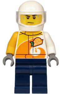 Helicopter Pilot Minifigure - Helicopter pilot with a jacket featuring 'ViTA RUSH' logo, dark blue legs, and a white helmet - cty1198