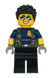 Police Officer Minifigure - Duke DeTain police officer with dark blue short-sleeved shirt, harness, black legs, and black hair - cty1210