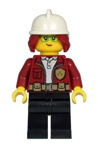 Fire Chief Minifigure - Freya McCloud, a fire chief with dark red hair, wearing a dark red jacket, white fire helmet, and black legs - cty1211