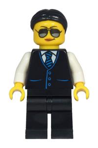 Limousine Driver Minifigure - Female limousine driver with black hair, wearing a black vest with blue striped tie, black legs, and sunglasses - cty1212