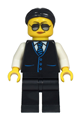 Female limousine driver with black hair, wearing a black vest with blue striped tie, black legs, and sunglasses - cty1212