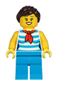 Female diner employee with dark brown hair wearing a white and dark azure striped shirt and dark azure legs - cty1213