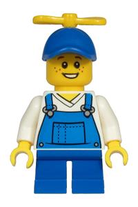 Boy with V-Neck Shirt Minifigure - Boy with blue overalls over v-neck shirt, blue short legs, and a blue cap with tiny yellow propeller - cty1214