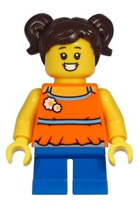 Girl Minifigure - Girl minifigure with dark brown hair, wearing an orange halter top dress and blue short legs - cty1215