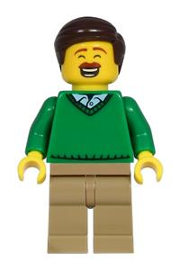 Dad Minifigure - Minifigure with dark brown hair wearing a green V-neck sweater and dark tan legs, representing a dad - cty1217