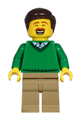 Minifigure with dark brown hair wearing a green V-neck sweater and dark tan legs, representing a dad - cty1217