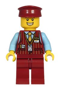 Tram Driver Minifigure - Male tram driver wearing a dark red vest and hat with bright light blue shirt and dark red legs - cty1220