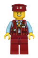 Male tram driver wearing a dark red vest and hat with bright light blue shirt and dark red legs - cty1220