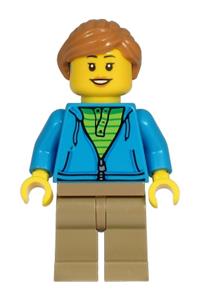 Woman Minifigure - Woman with medium nougat hair wearing a dark azure hoodie, dark tan legs, and a hearing aid - cty1221