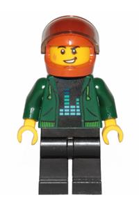 Detective - Dark Green Hoodie with Bright Green Drawstrings, Black Legs, Dark Orange Helmet cty1223