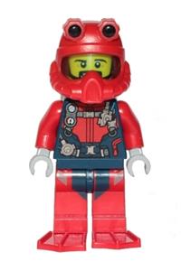 Scuba Diver Minifigure - Male scuba diver with open mouth, black beard, wearing a red helmet, white airtanks, and red flippers - cty1225