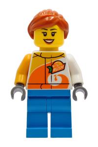 Female Minifigure - Female minifigure with dark orange hair, wearing a jacket with 'ViTA RUSH' logo and dark azure legs - cty1228