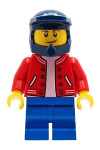 BMX Rider Minifigure - Male BMX rider wearing a red jacket, blue medium legs, and a dark blue dirt bike helmet - cty1229
