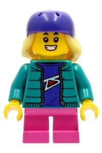 Skater Minifigure - Girl skater with dark turquoise jacket, dark pink short legs, dark purple helmet, and bright light yellow hair - cty1230