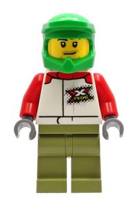 Wheelchair Athlete Minifigure - Male wheelchair athlete with white jacket featuring 'XTREME' logo, olive green legs, and bright green dirt bike helmet - cty1231