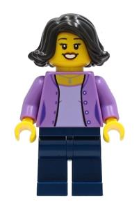 Mom Minifigure - Minifigure is female with medium lavender jacket, black hair, and dark blue legs - cty1234