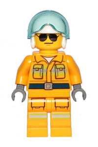 Firefighter Minifigure - Minifigure wearing a bright light orange suit with reflective stripes, a white helmet, and black/silver sunglasses - cty1237