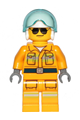 Minifigure wearing a bright light orange suit with reflective stripes, a white helmet, and black/silver sunglasses - cty1237
