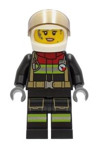 Firefighter Female Minifigure - Female firefighter with black jacket and legs featuring reflective stripes and dark red collar, wearing a white helmet with a trans-black visor - cty1240