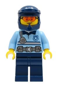 Police Officer Minifigure - City police officer in bright light blue shirt with silver stripe, badge, and radio, wearing dark blue legs and a dark blue dirt bike helmet with orange glasses - cty1243