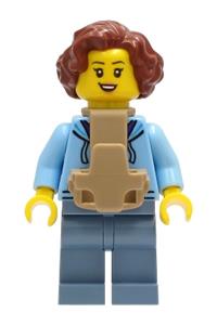 Woman Minifigure - Woman wearing a bright light blue hoodie over a dark purple star shirt, with sand blue legs and reddish brown hair, carrying a baby - cty1245