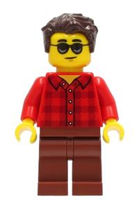 Male Minifigure - Man with dark brown hair wearing sunglasses, a red flannel shirt, and reddish brown legs - cty1246