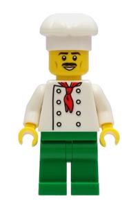 Chef Minifigure - Chef with a white torso featuring 8 buttons, no wrinkles, green legs, and a white cook's hat - cty1247