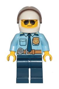 Police Officer Minifigure - City police officer in a white helmet and sunglasses, with a dark blue tie, gold badge, radio belt, and dark blue legs - cty1249