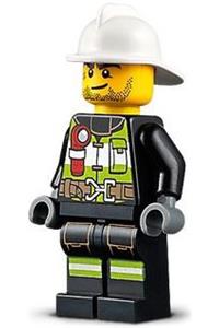 Firefighter Minifigure - Firefighter with reflective stripes, utility belt and flashlight, white fire helmet, beard stubble, and brown eyebrows - cty1255