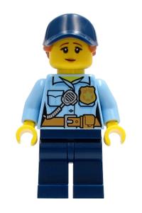 Police - City Officer Female, Bright Light Blue Shirt with Badge and Radio, Dark Blue Legs, Dark Blue Cap with Dark Orange Ponytail, Pensive Smile cty1258